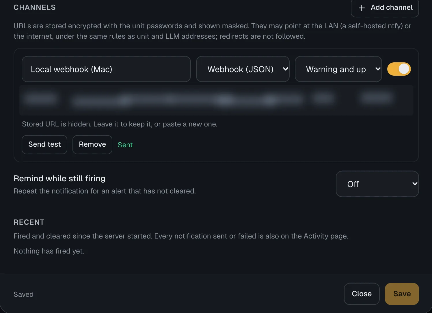 sparkDash alert settings with a webhook channel, test sent