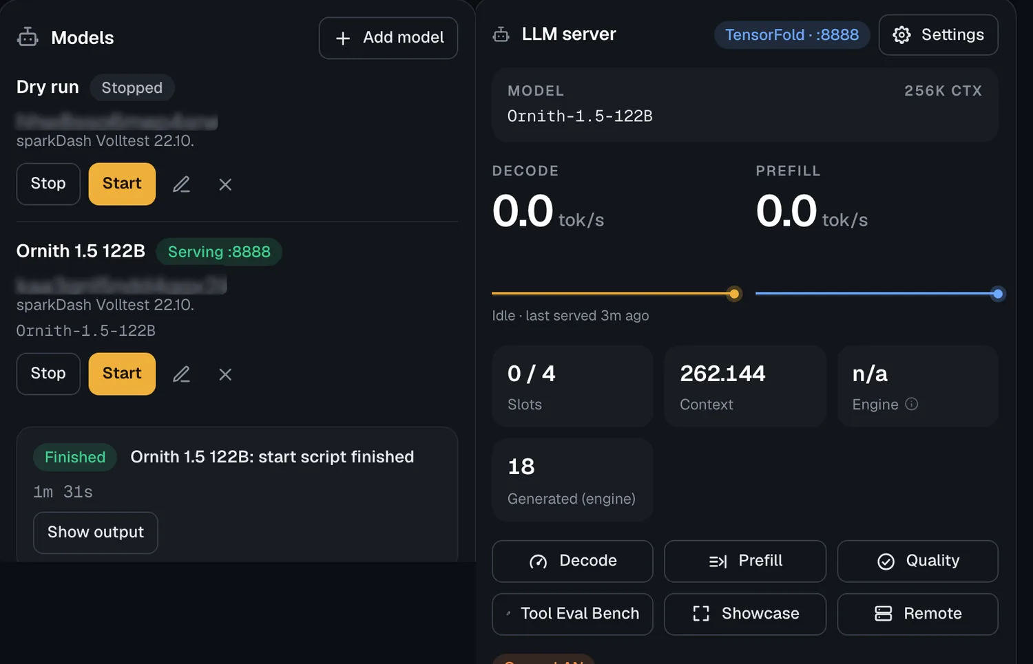 sparkDash Models panel with Ornith serving on port 8888 and the LLM panel with context and slots