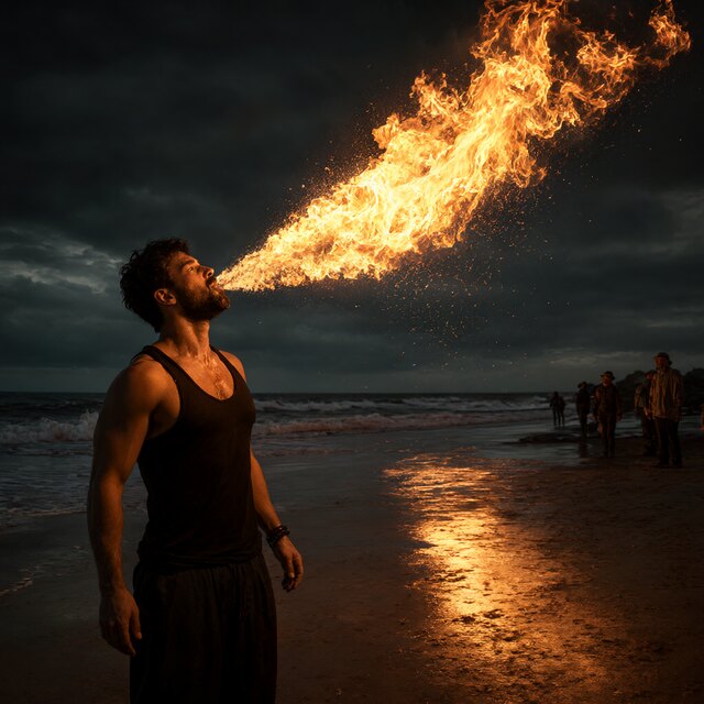 Image I2, seed 123, Fire breather, enhancer on